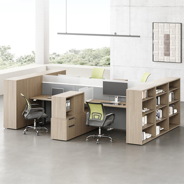6-person Sit-stand Workstation with Integrated Open Shelving, Privacy Screens and 30"-47" for modern office workspace