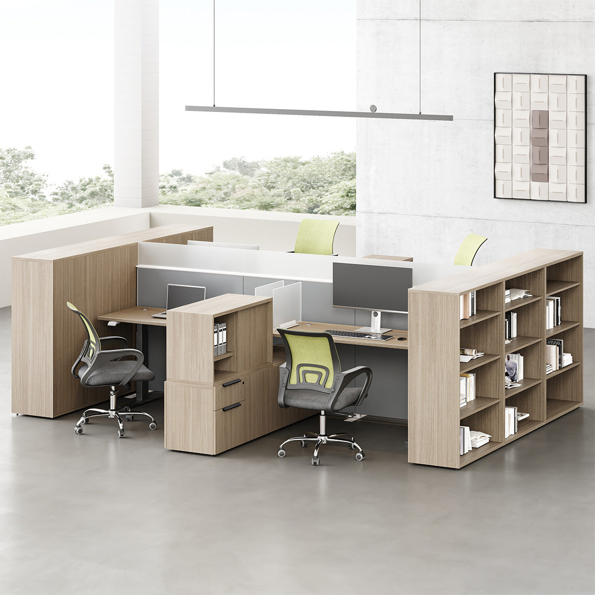 6-person Sit-stand Workstation with Integrated Open Shelving, Privacy Screens and 30"-47" for modern office workspace