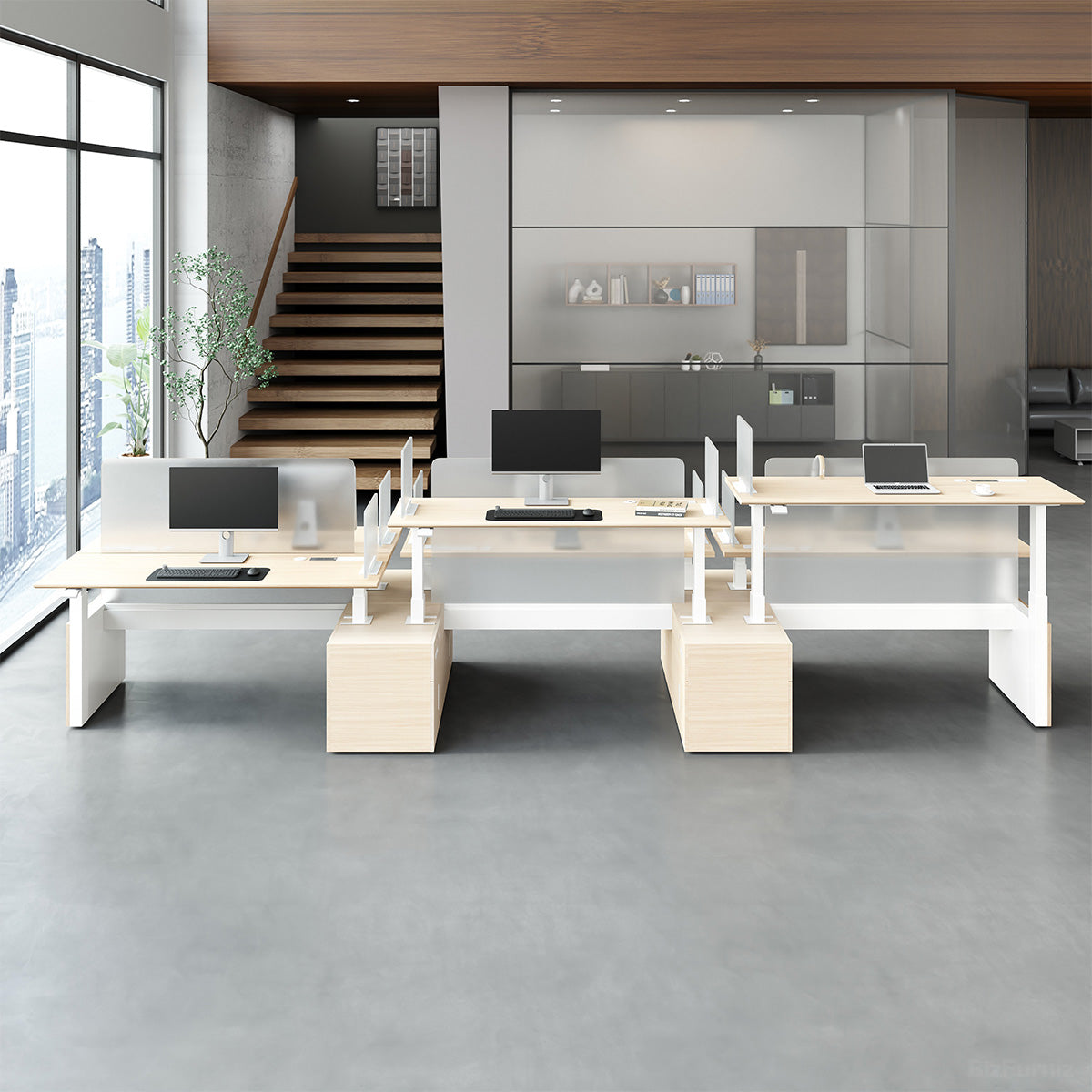 6-Person Office Workstation with Adjustable Height, Cable Management and Cabinet for modern office workspace
