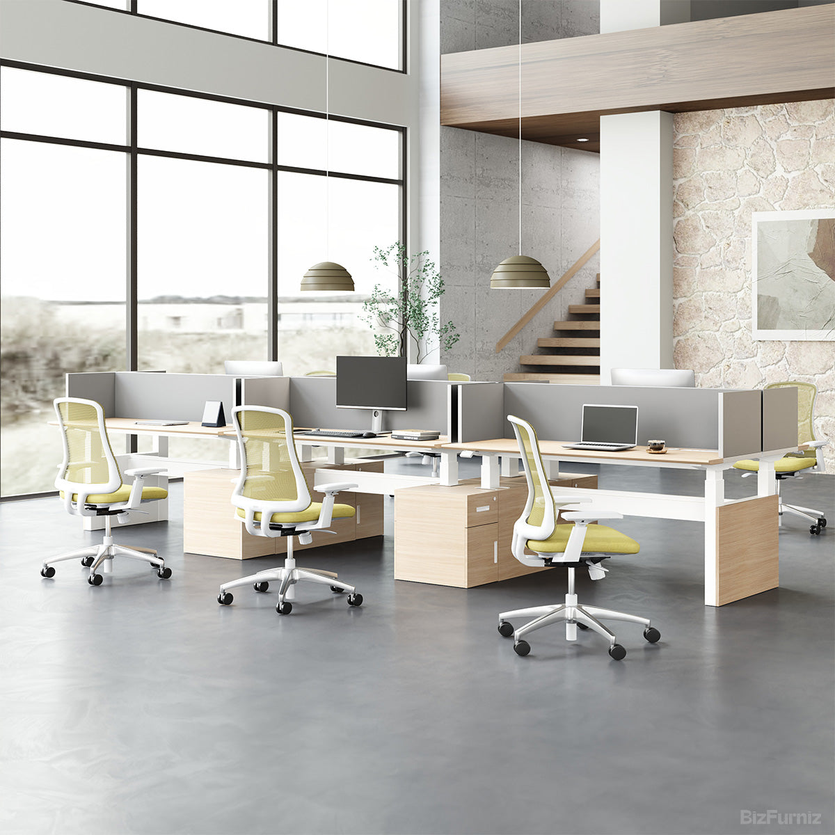 6-person Sit-to-Stand Office Desk with Integrated Storage and Central Privacy Screens 4