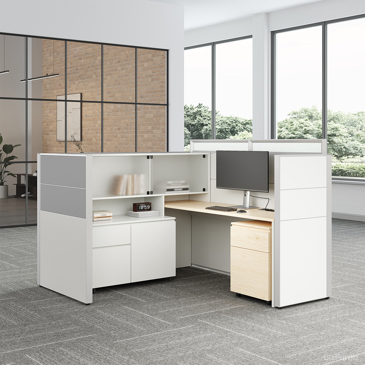 Executive L-Shaped Cubicle Office Desk with Overhead Storage, Integrated Bookcase, and Secure Mobile Filing Cabinet photo 1