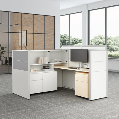 Executive L-Shaped Cubicle Office Desk with Overhead Storage, Integrated Bookcase, and Secure Mobile Filing Cabinet photo 1