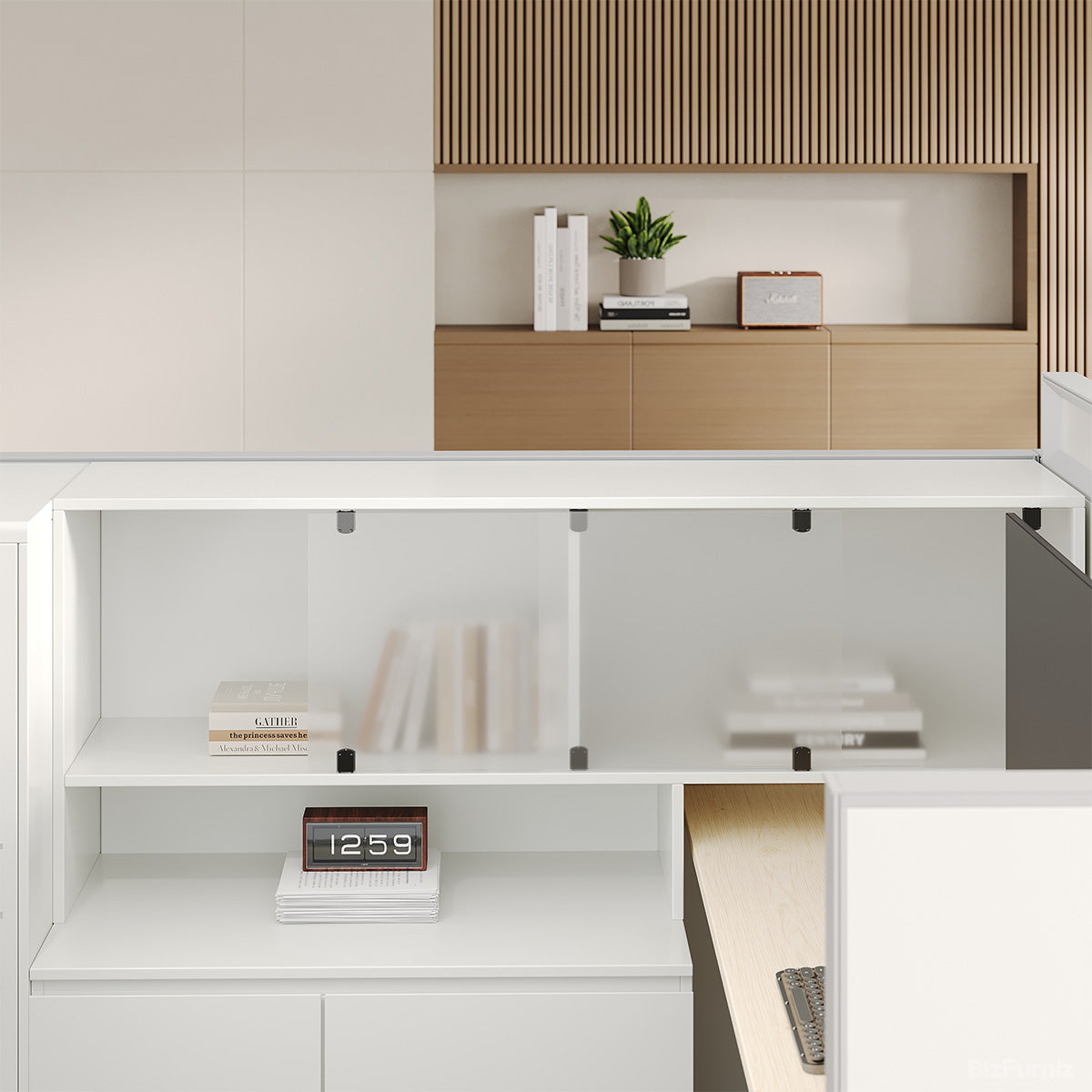 Executive L-Shaped Cubicle Office Desk with Overhead Storage, Integrated Bookcase, and Secure Mobile Filing Cabinet photo 