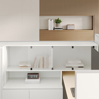 Executive L-Shaped Cubicle Office Desk with Overhead Storage, Integrated Bookcase, and Secure Mobile Filing Cabinet photo 