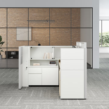 Executive L-Shaped Cubicle Office Desk with Overhead Storage, Integrated Bookcase, and Secure Mobile Filing Cabinet photo 3