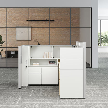 Executive L-Shaped Cubicle Office Desk with Overhead Storage, Integrated Bookcase, and Secure Mobile Filing Cabinet photo 3