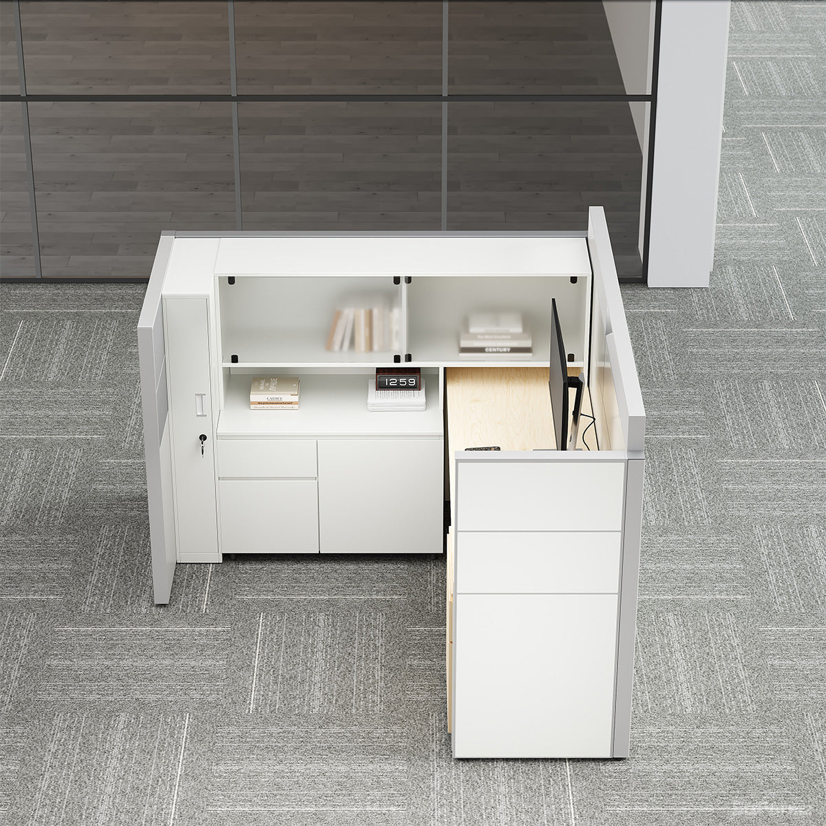 Executive L-Shaped Cubicle Office Desk with Overhead Storage, Integrated Bookcase, and Secure Mobile Filing Cabinet photo 
