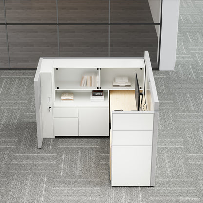 Executive L-Shaped Cubicle Office Desk with Overhead Storage, Integrated Bookcase, and Secure Mobile Filing Cabinet photo 