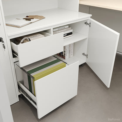 Executive L-Shaped Cubicle Office Desk with Overhead Storage, Integrated Bookcase, and Secure Mobile Filing Cabinet photo 6