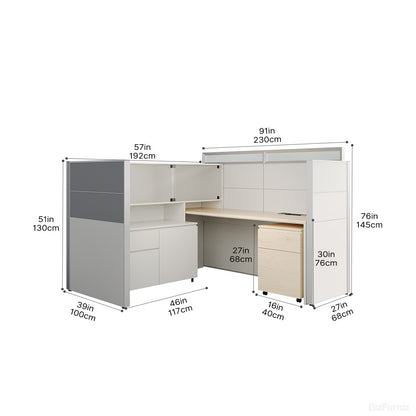 Executive L-Shaped Cubicle Office Desk with Overhead Storage, Integrated Bookcase, and Secure Mobile Filing Cabinet photo 7