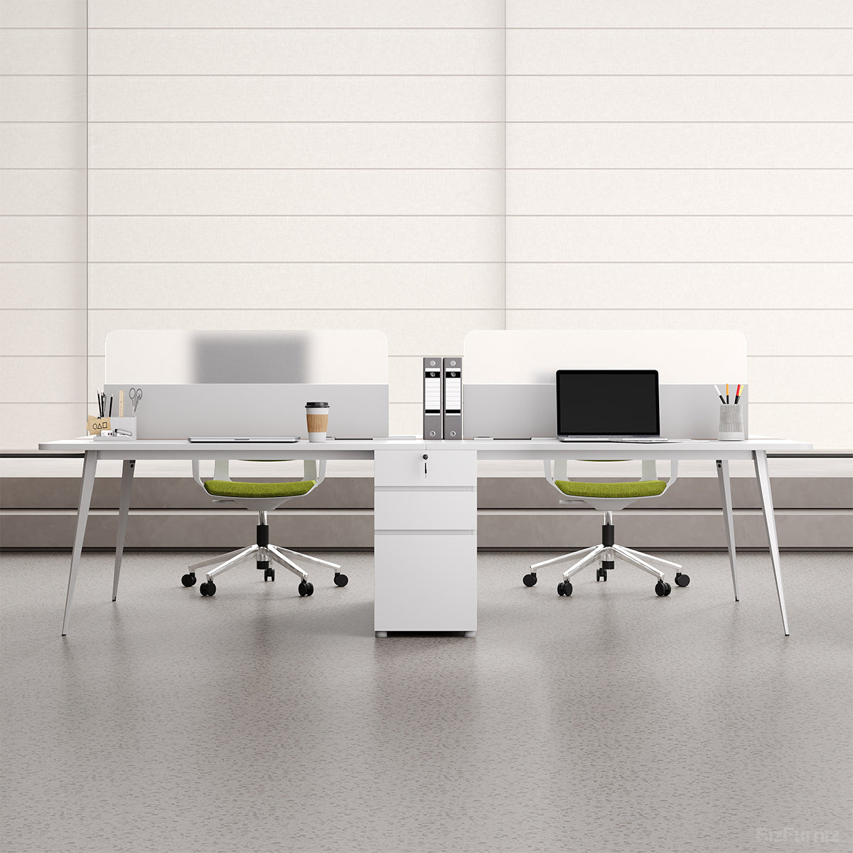 Dual-Station Modular Office Desk with Integrated Storage and White Privacy Screens product view 3