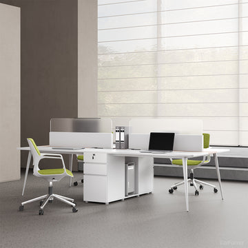 Dual-Station Modular Office Desk with Integrated Storage and White Privacy Screens product view 4