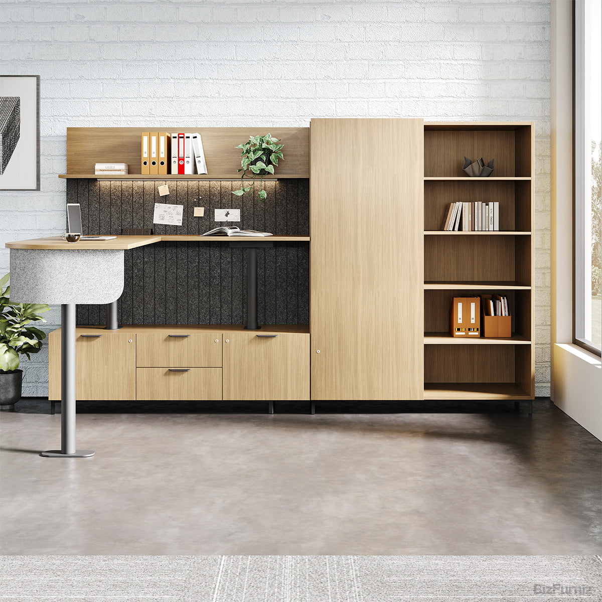 Wooden Office Desk with Open Shelving Cabinet and Chair