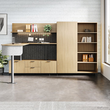 Wooden Office Desk with Open Shelving Cabinet and Chair