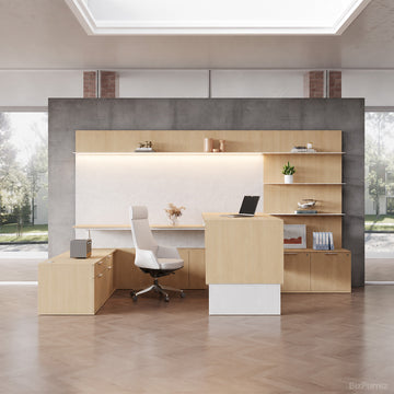134" L Elegant Office Desk with Height-adjustable Design and Open Storage Cabinet for Modern Workspaces product 