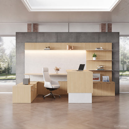 134" L Elegant Office Desk with Height-adjustable Design and Open Storage Cabinet for Modern Workspaces product 