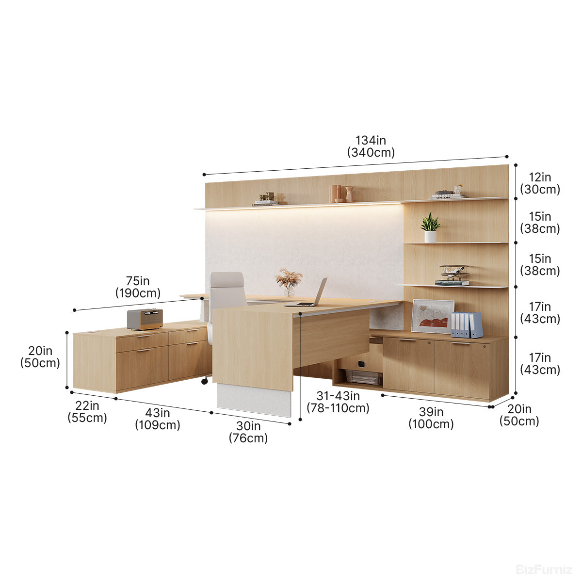 Wooden office desk with dimensions labeled on a white background