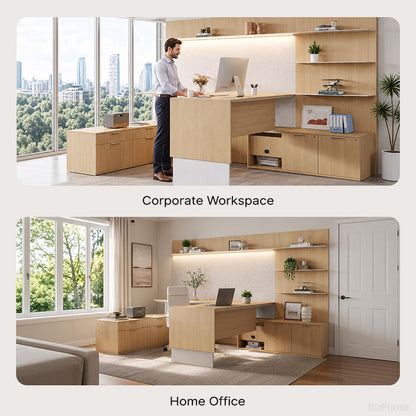 67" L Height-adjustable Office Desk with Bookshelf & Storage Cabinet for Workspaces/Home Offices
