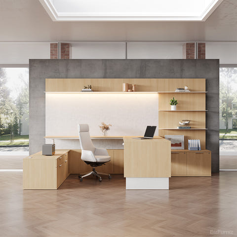 134" L Elegant Office Desk with Height-adjustable Design and Open Storage Cabinet for Modern for modern office workspace