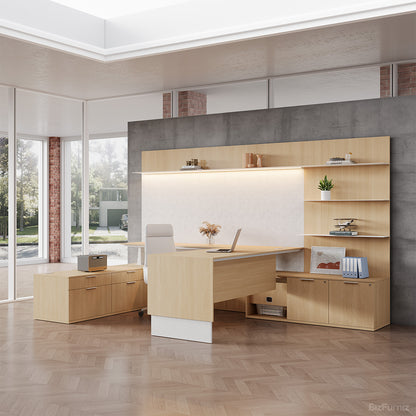 134" L Elegant Office Desk with Height-adjustable Design and Open Storage Cabinet for Modern Workspaces product view 4