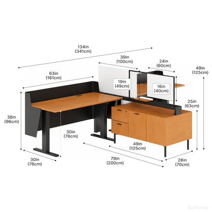 134" L Refined Office Desk with Height-adjustable Function & Side Storage Cabinet for Modern Offices, Corporate Workspaces