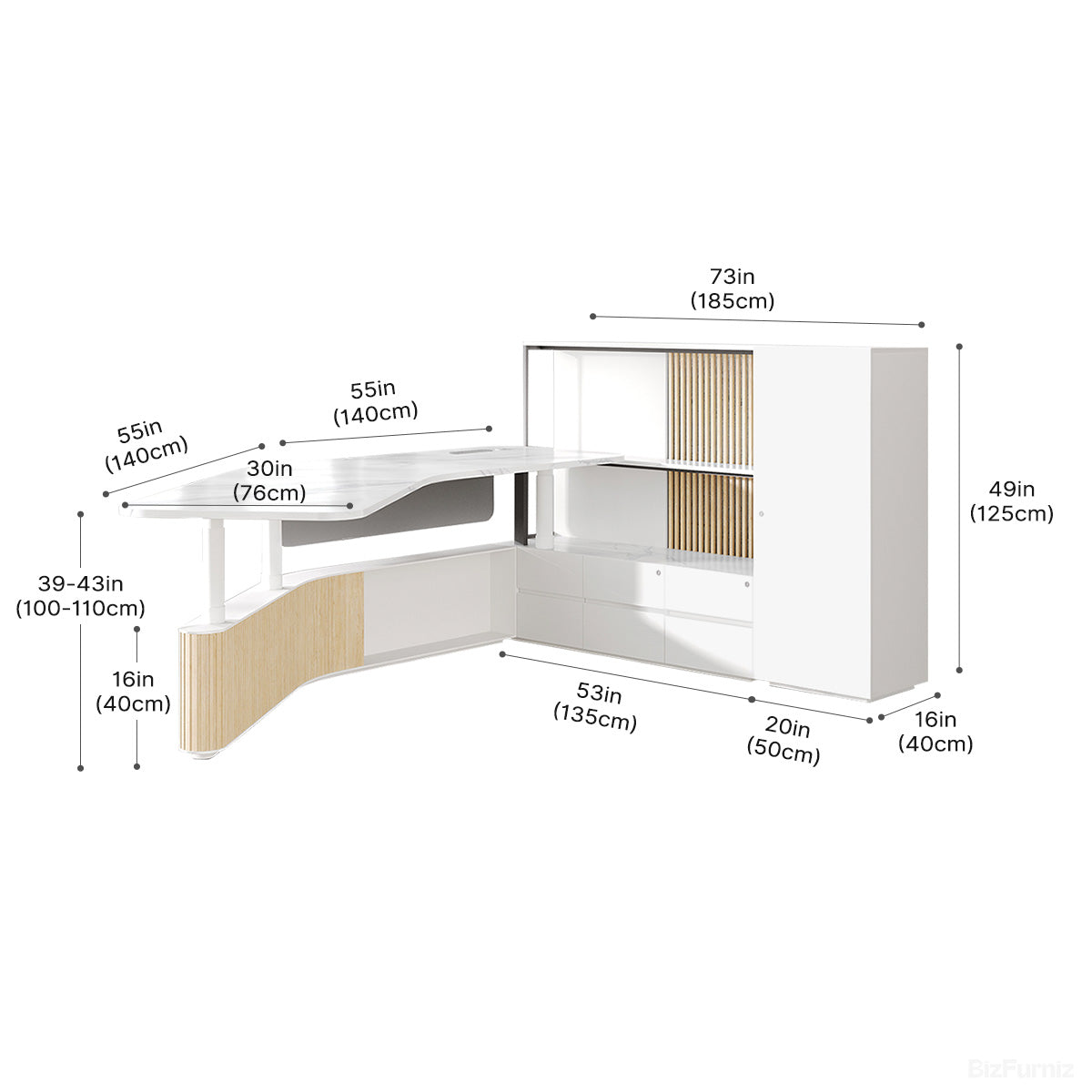 Curved Office Desk with Dimensions Diagram