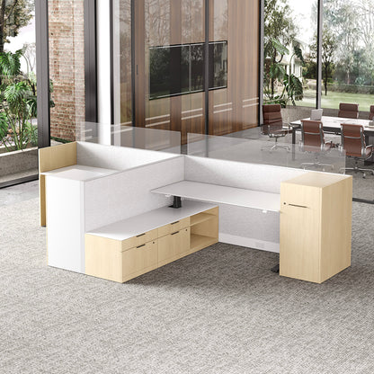 171" Sit Stand Desk, L-shaped Office Workstation for Two with Partition Boards and Storage Cabinet product view 3