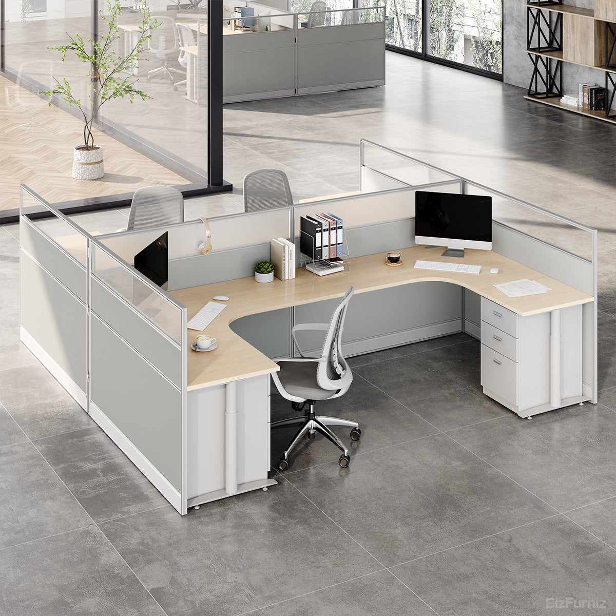 4-person Face-to-face Office Workstation Desk with Oval Cable Management Box & Lockable File Storage Cabinet photo 1