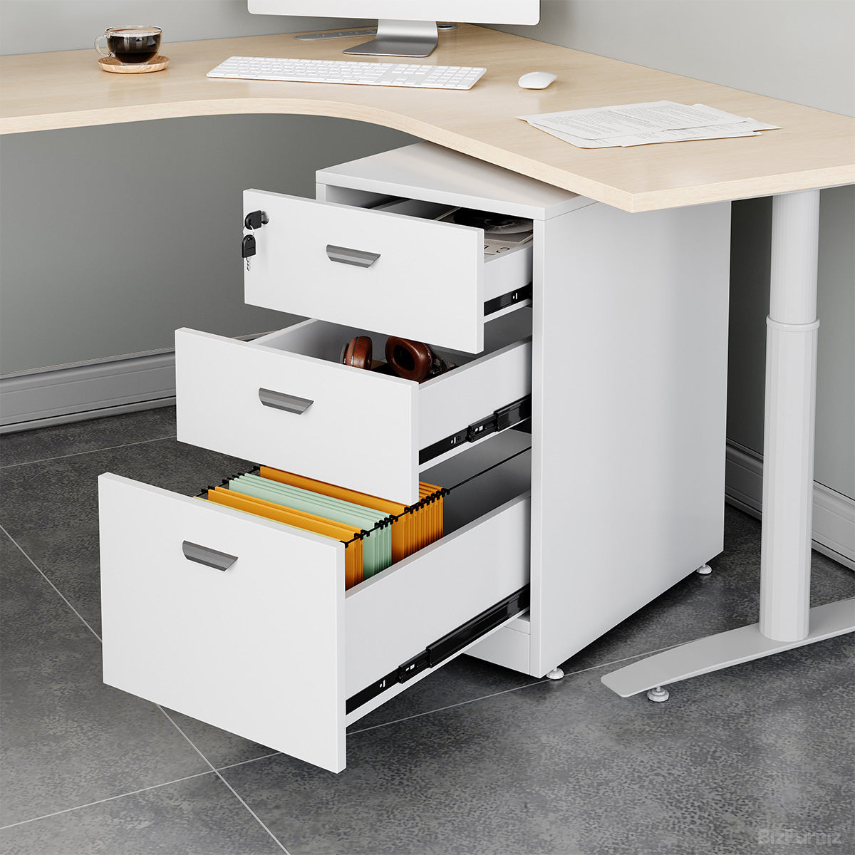 4-person Face-to-face Office Workstation Desk with Oval Cable Management Box & Lockable File Storage Cabinet photo 3