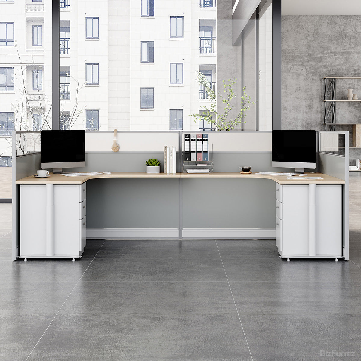 4-person Face-to-face Office Workstation Desk with Oval Cable Management Box & Lockable File Storage Cabinet photo 2