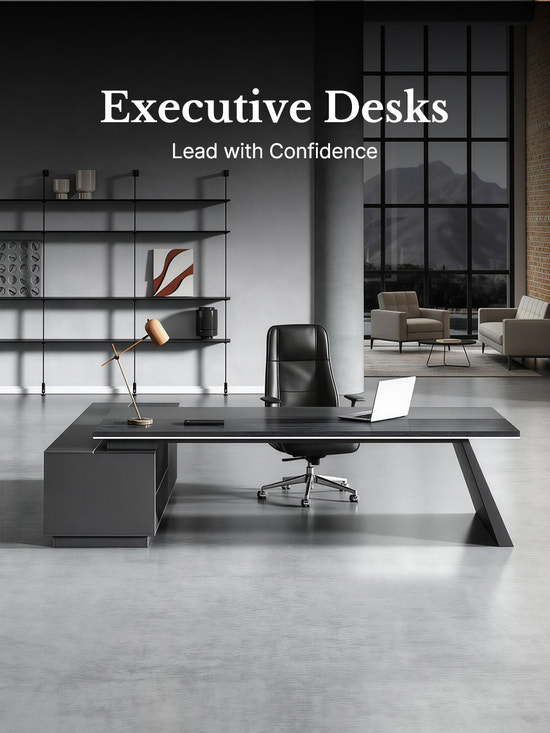 executive office with a black executive desk and reception sofa