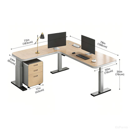 78" L-shaped Sit-Stand Office Desk with Built-in Power Hub & Mobile Under-desk Cabinet (30"-47" H)