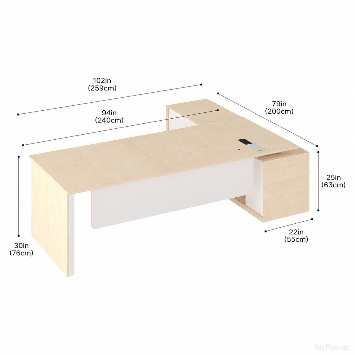 102" L-Shaped Executive Desk with Wireless Charging Power Track, Storage Cabinet & Modesty Panel rear storage view