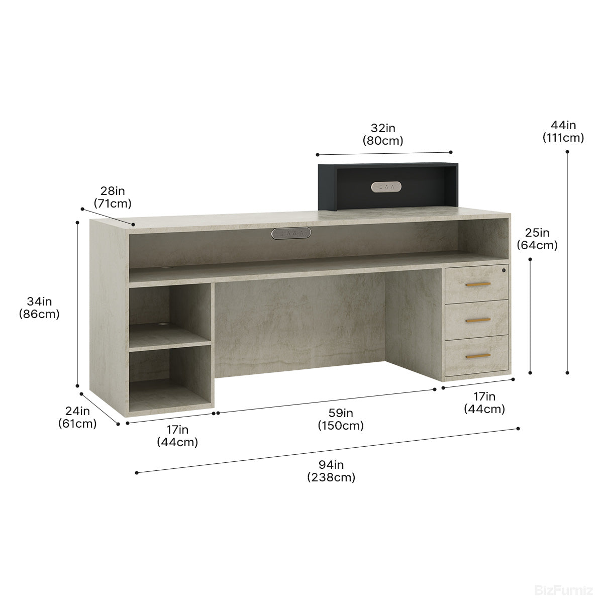 94” Modern Reception Desk with LED Strips, Dual Power Hub & File Hanger product photo 2