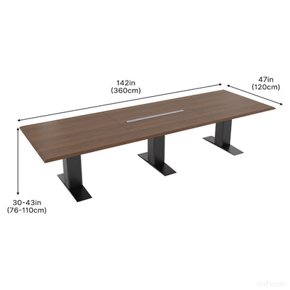Wooden conference table with dimensions labeled on a white background
