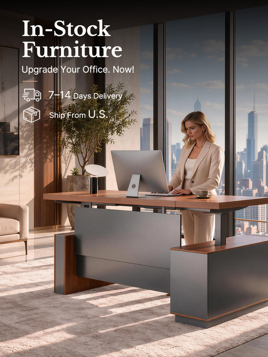 Executive office with a lady standing at a desk and in-stock information