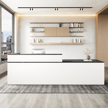 Sleek Reception Desk with Cable Grommet, Lockable Drawer and Keyboard Tray for modern office workspace