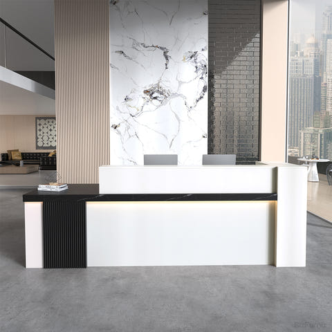 71" Modern Reception Desk with Counter, Open Shelving and Lockable Drawer for modern office workspace