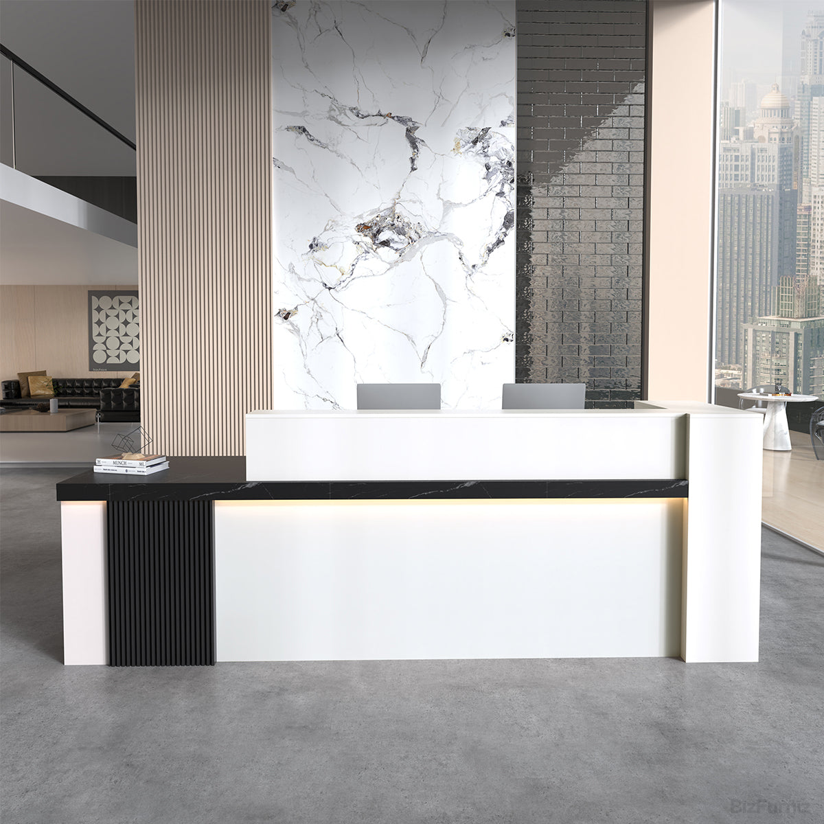 71" Modern Reception Desk with Counter, Open Shelving and Lockable Drawer for modern office workspace