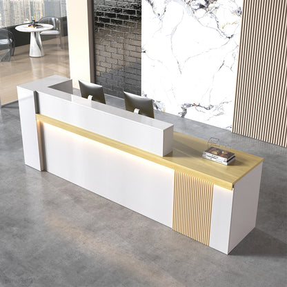 Visitor Perspective of a Modern Reception Desk with Counter, Open Shelving and Lockable Drawer