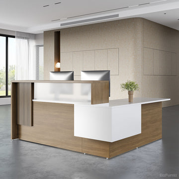 Reception Desk with Fluted Wood Panel, Front Side