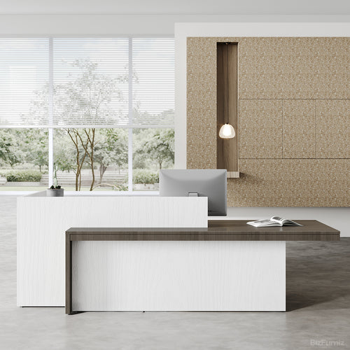 Modern L-Shaped Executive Reception Desk with Integrated Storage Cabinets for Lobby, Salon, and Corporate Photo 1