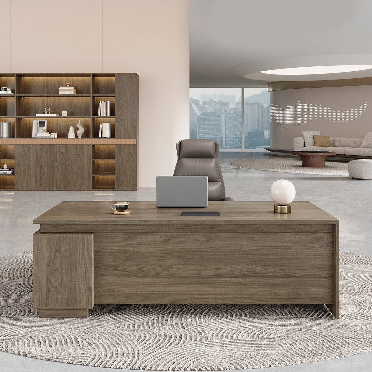 63" L-shaped Executive Desk with Built-in Power Outlet and Reversible Side Cabinet product view 2