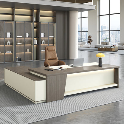 L-shaped Executive Desk with Power Hub, Side Cabinet and Lockable Drawer for modern office workspace