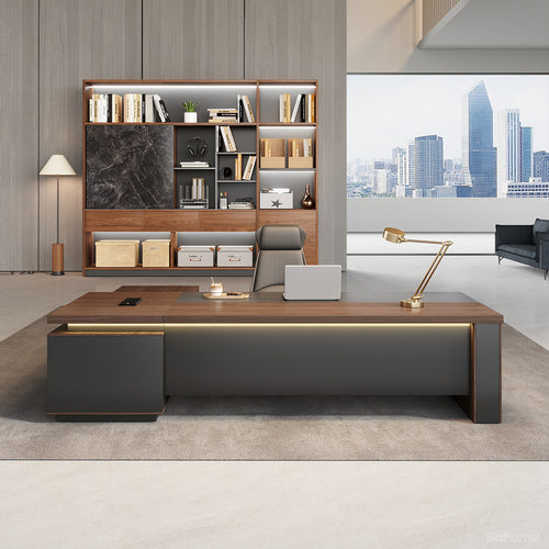 L-shaped Executive Desk with Built-in Outlets and Reversible Return for modern office workspace