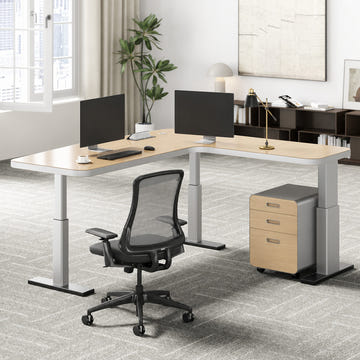 78" L-shaped Sit-Stand Office Desk with Built-in Power Hub and Under-desk Cabinet for modern office workspace