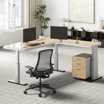 78" L-shaped Sit-Stand Office Desk with Built-in Power Hub and Under-desk Cabinet for modern office workspace