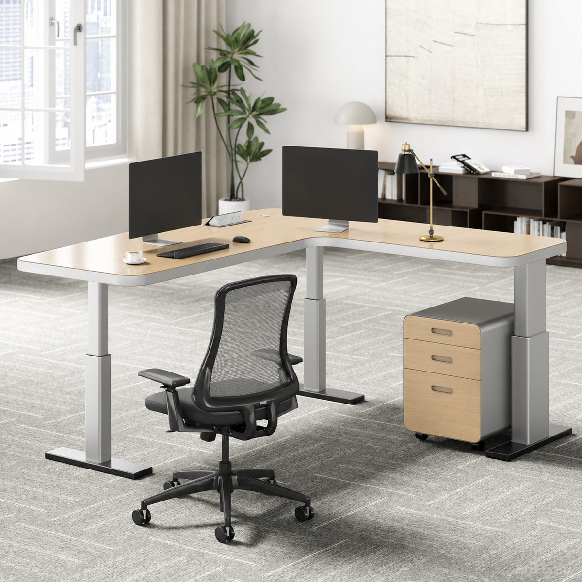 78" L-shaped Sit-Stand Office Desk with Built-in Power Hub and Under-desk Cabinet for modern office workspace