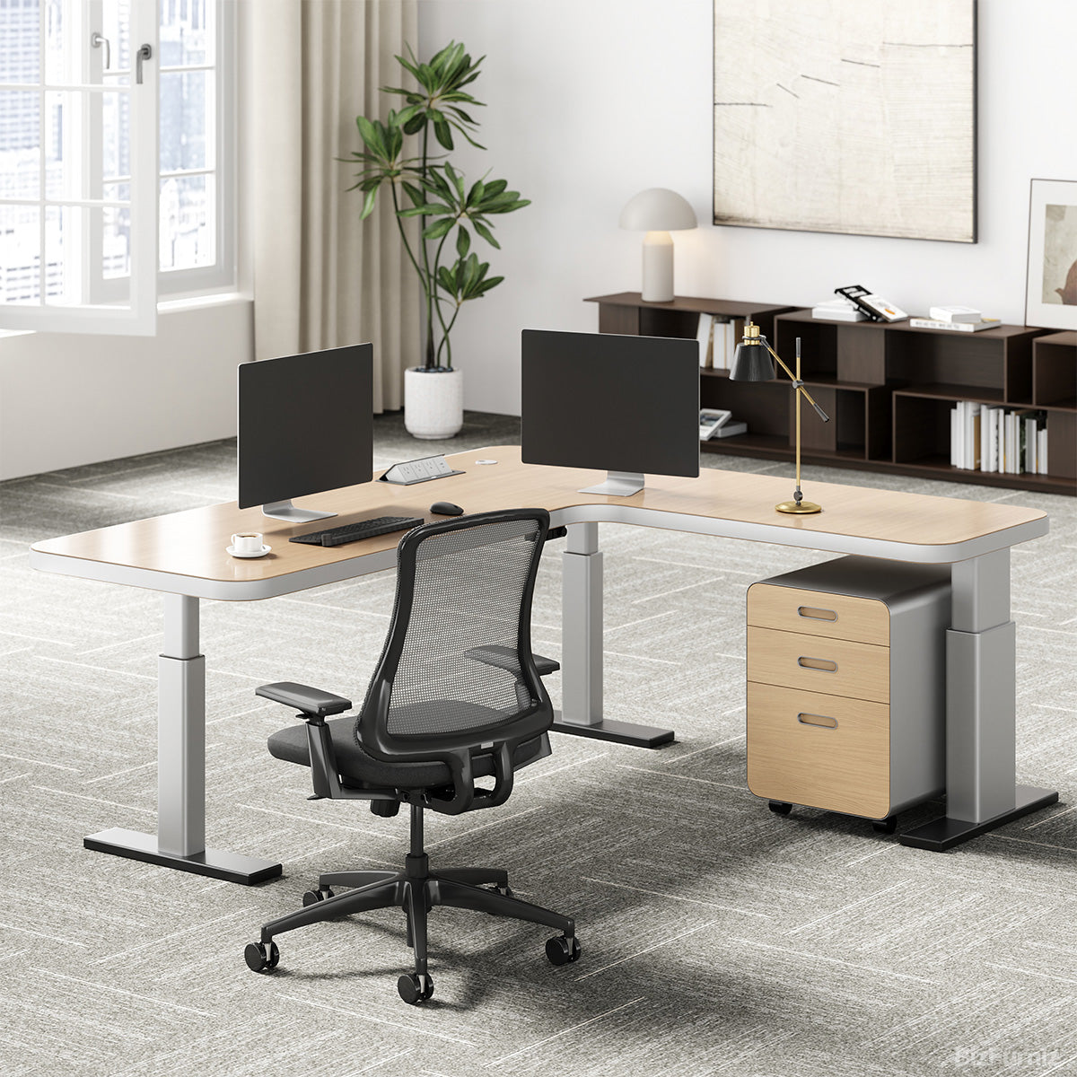 78" L-shaped Sit-Stand Office Desk with Built-in Power Hub and Under-desk Cabinet for modern office workspace