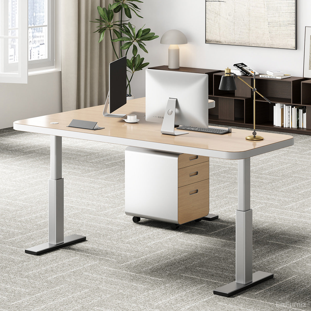 78" L-shaped Sit-Stand Office Desk with Built-in Power Hub and Under-desk Cabinet for modern office workspace